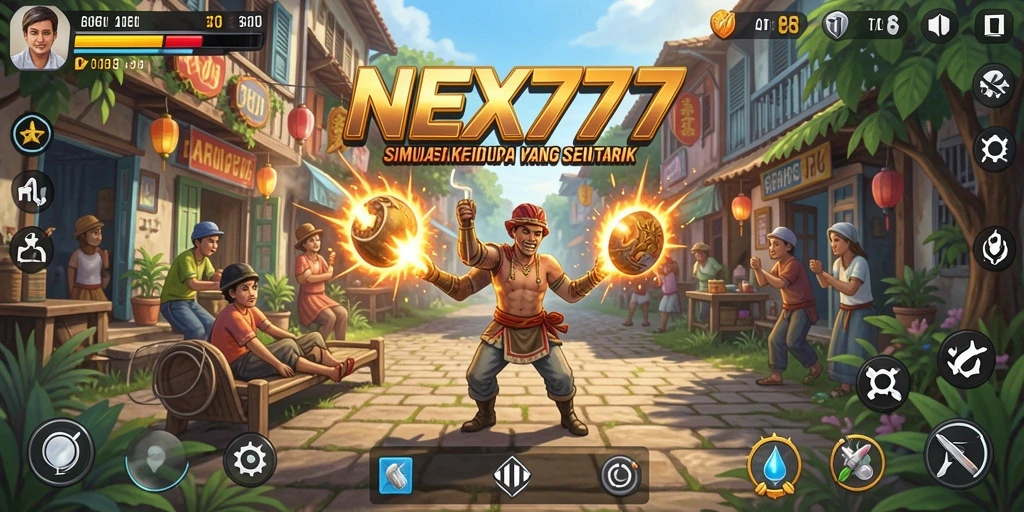 Screenshot NEX777 menampilkan karakter yang sedang berinteraksi di dunia virtual.