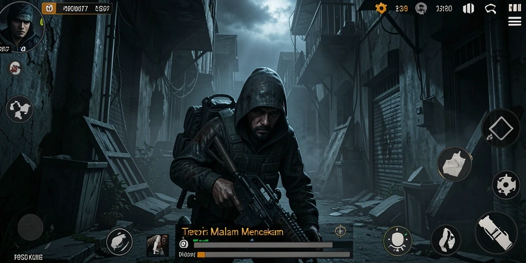 Menunjukkan gameplay menegangkan di lingkungan gelap dan mencekam.